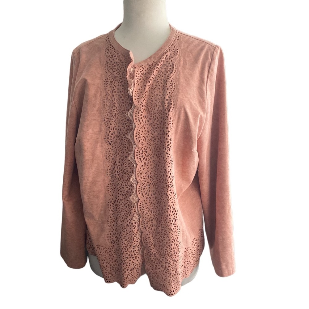 Chicos Perforated Faux Suede Jacket Bella Pink Open Front Career Casual Sz 2